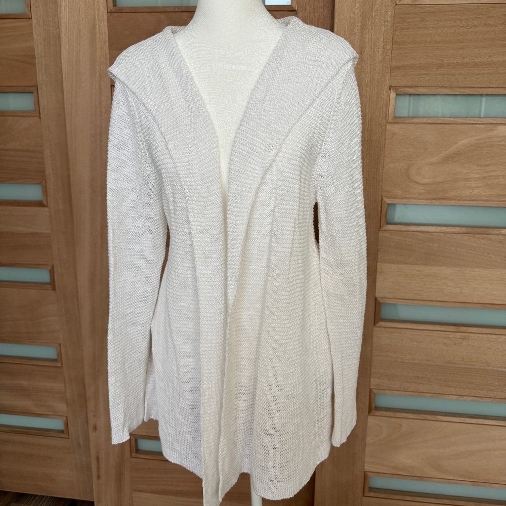 Eileen Fisher Organic Cotton Long Hooded Cardigan Sweater in White - Size M